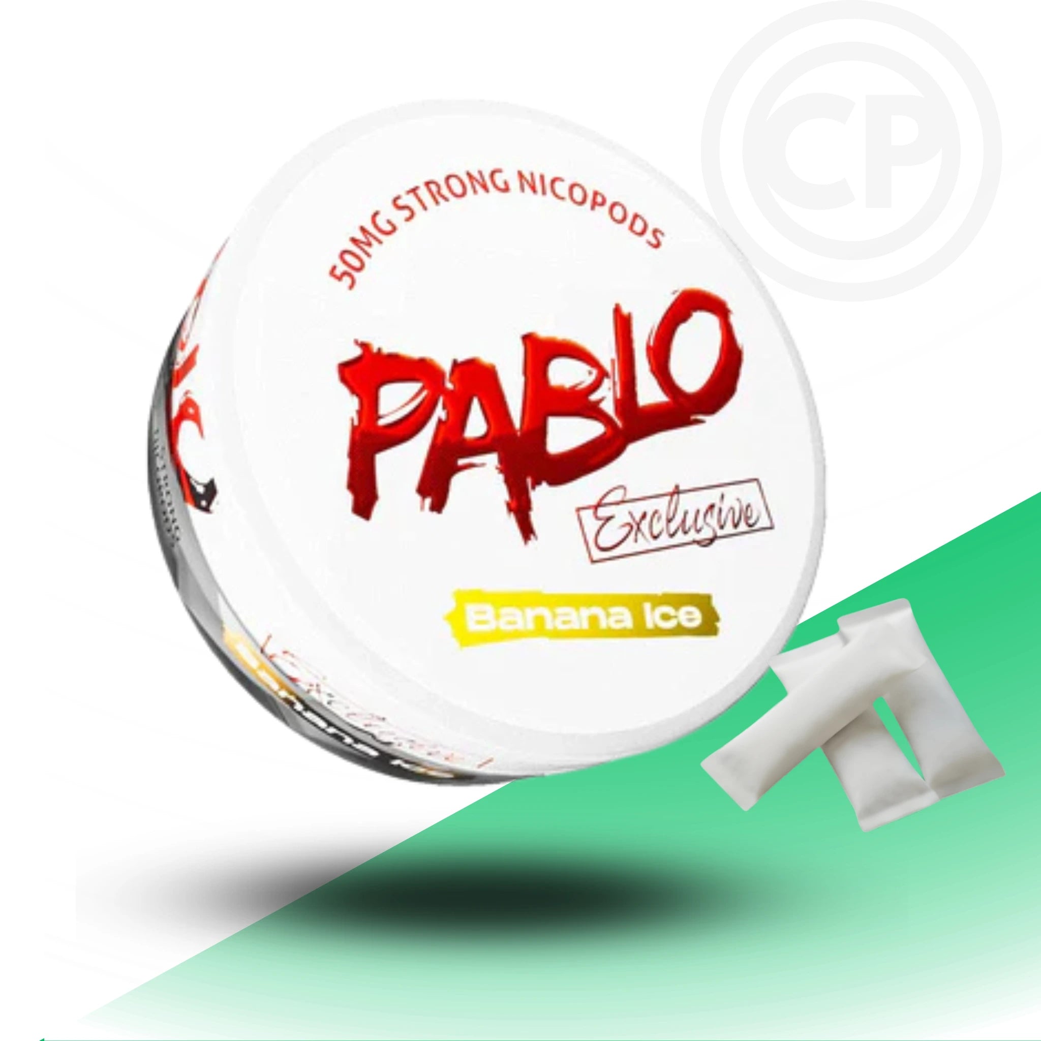 Pablo banana ice nicotine pod packaging on a white and green background