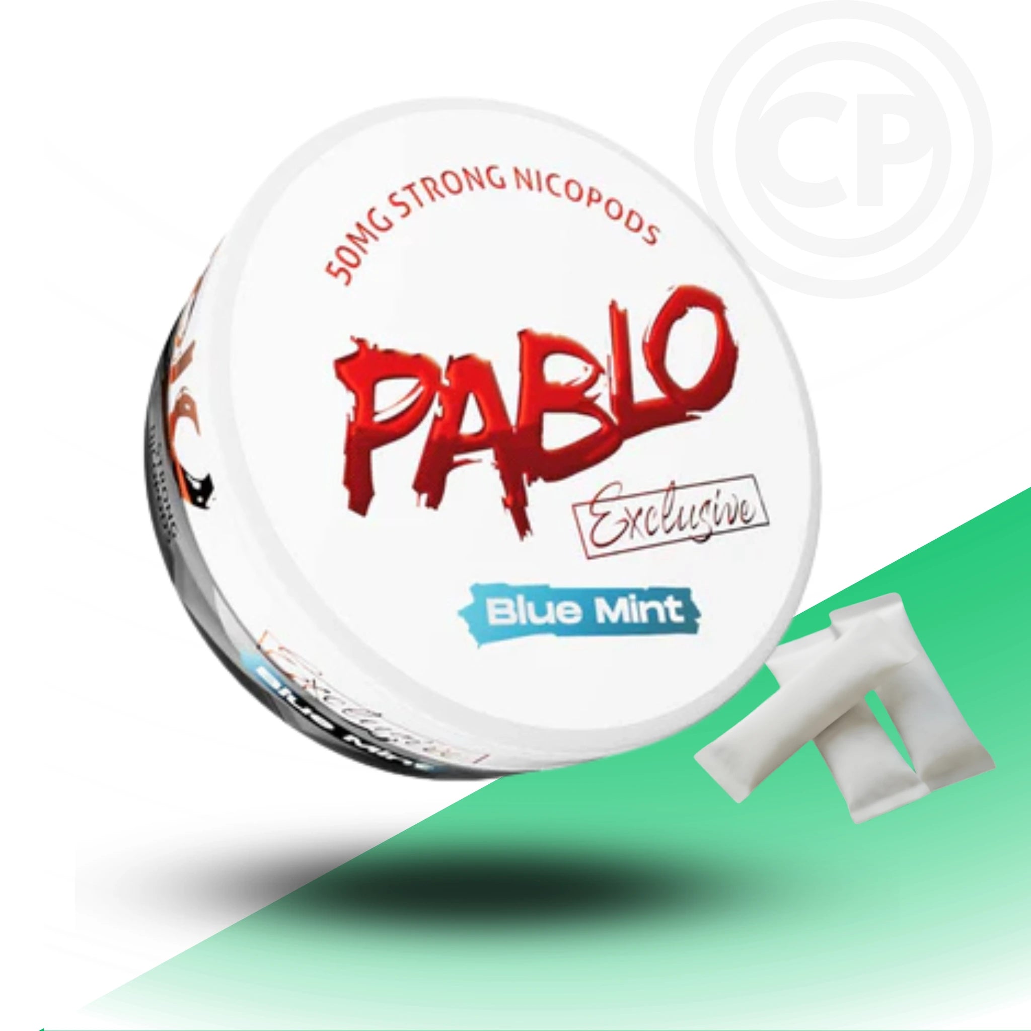 Pablo Blue Mint nicotine pouches on a white and green background