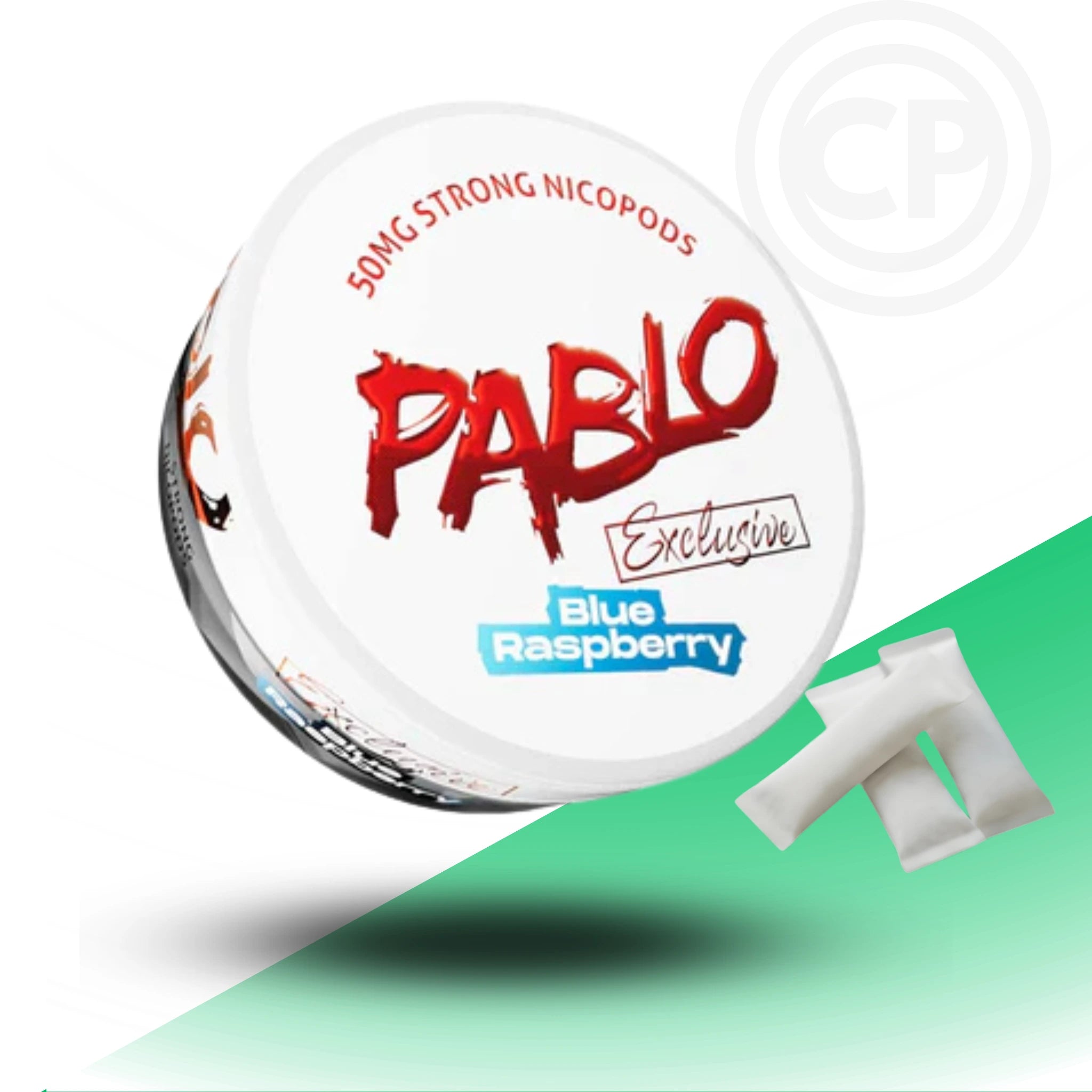 Pablo Blue Raspberry nicotine pod packaging on a white and green background