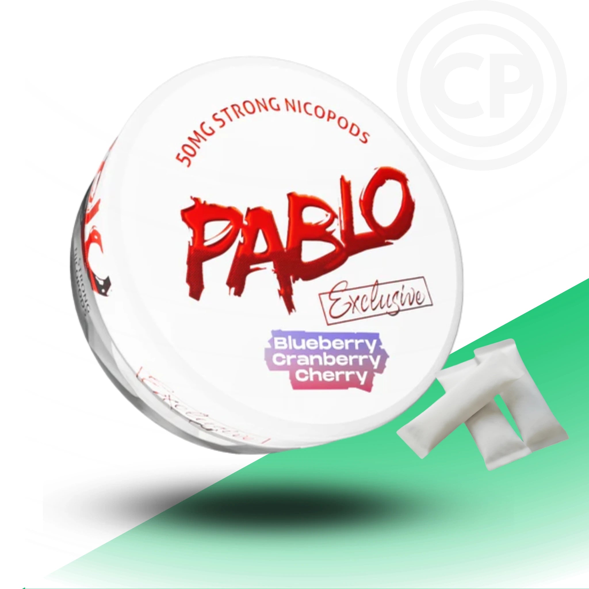 Pablo exclusive Nicopods container with red text on a white background