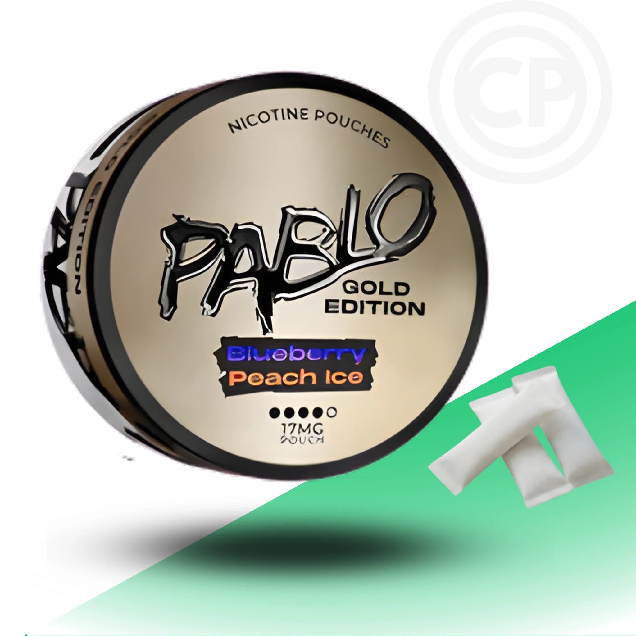 Pablo Gold Edition nicotine pouches container with blueberry peach ice flavor on a white and green background.