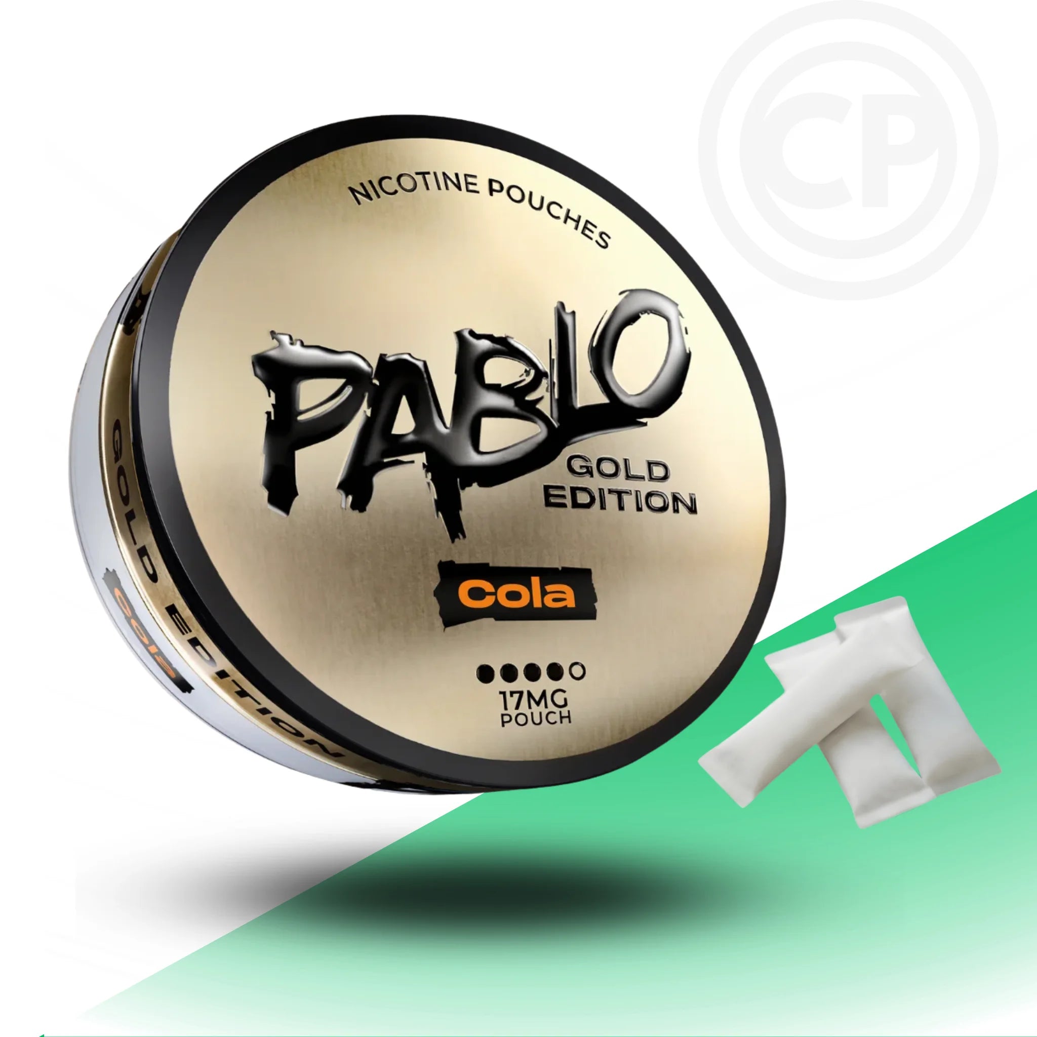 Pablo Gold Edition Cola nicotine pouches container on a white and green background