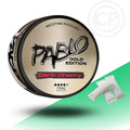 Pablo Gold Edition Dark Cherry nicotine pouches container with pouches on a white and green background