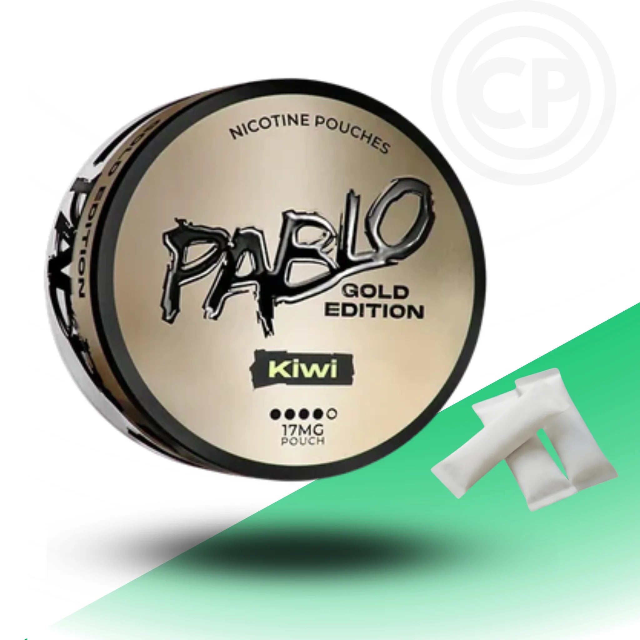 Pablo Gold Edition nicotine pouches container with kiwi flavor on a green and white background