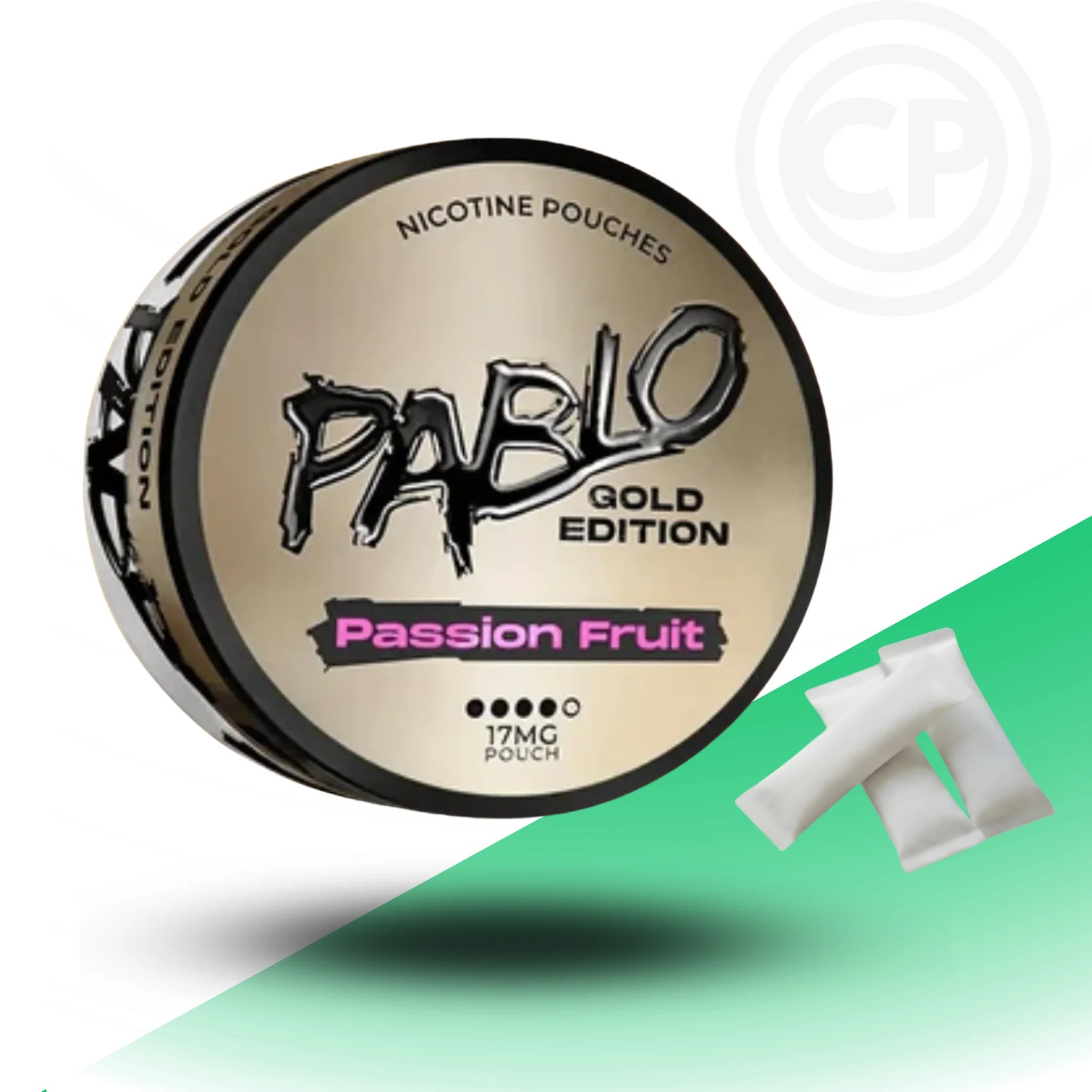 Pablo Gold Edition nicotine pouches packaging with passion fruit flavor on a green and white background.