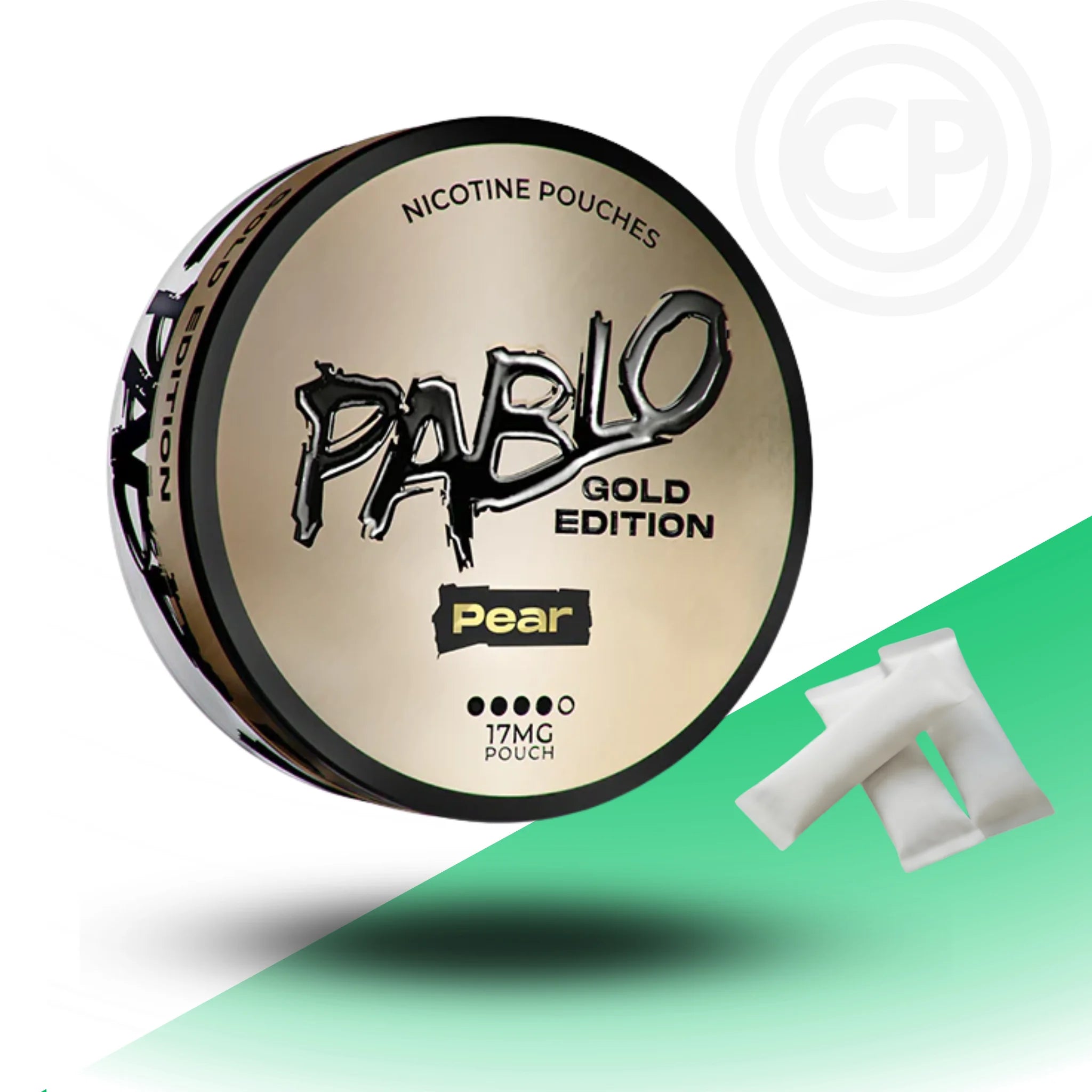 Pablo Gold Edition nicotine pouches container with a green gradient background