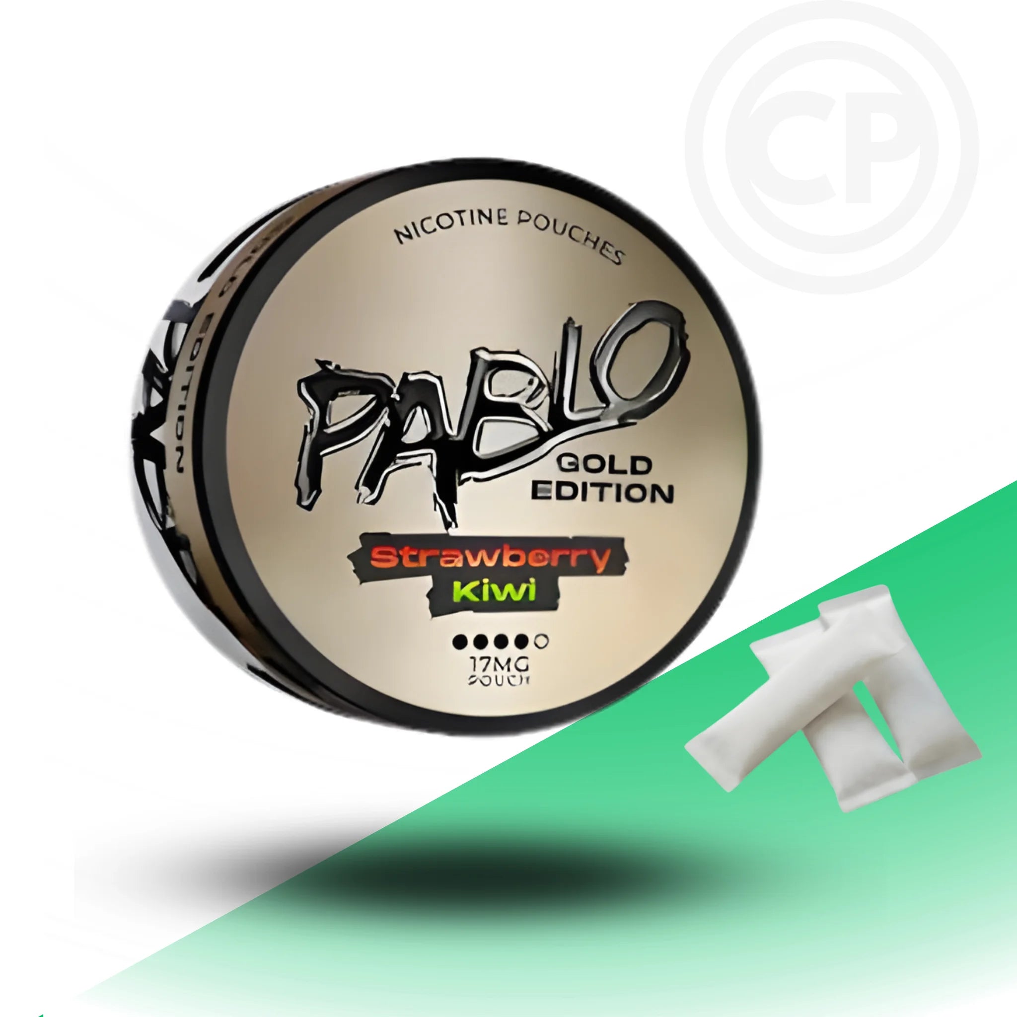 Pablo Gold Edition Strawberry Kiwi nicotine pouches packaging on a white and green background