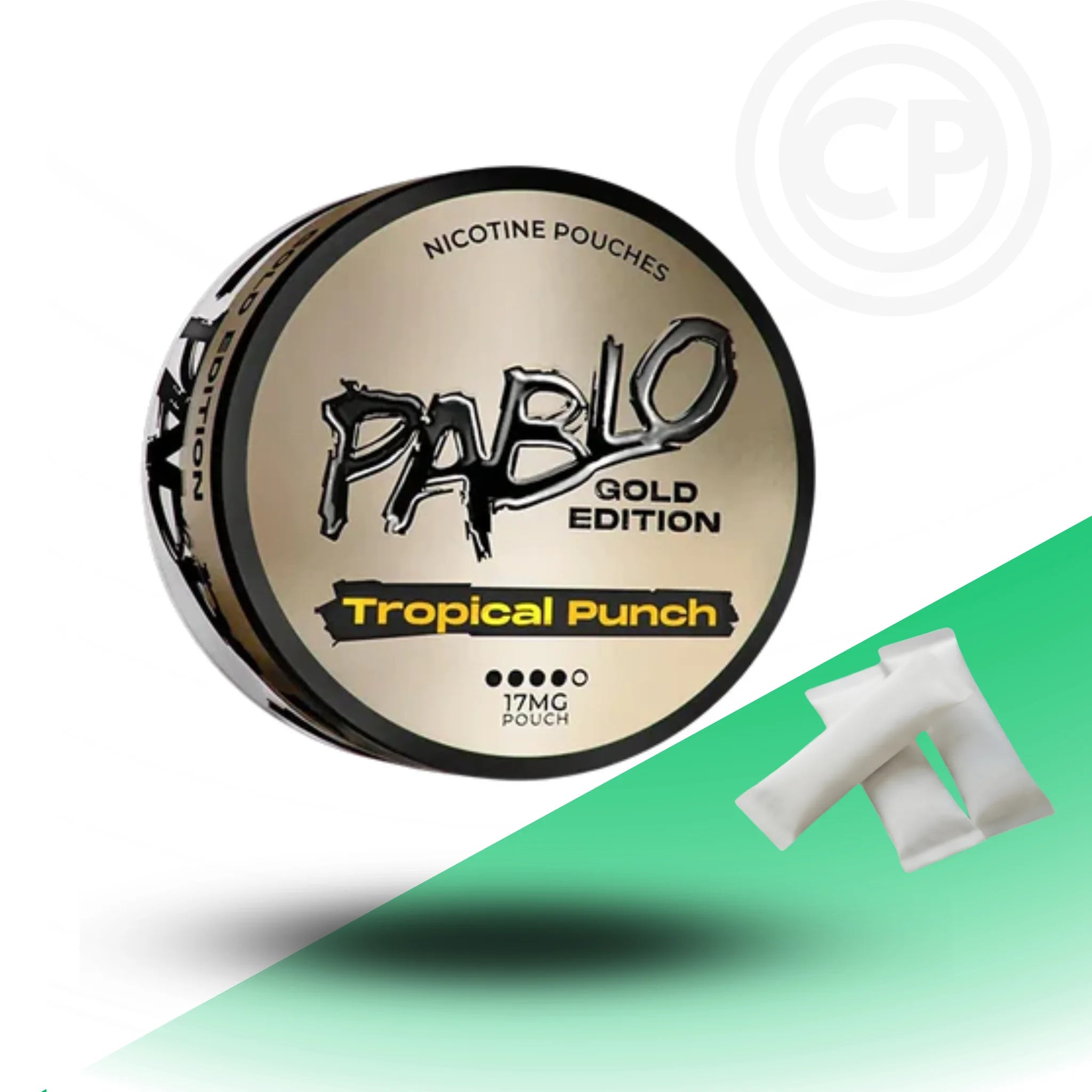 Pablo Gold Edition Tropical Punch nicotine pouches on a white and green background