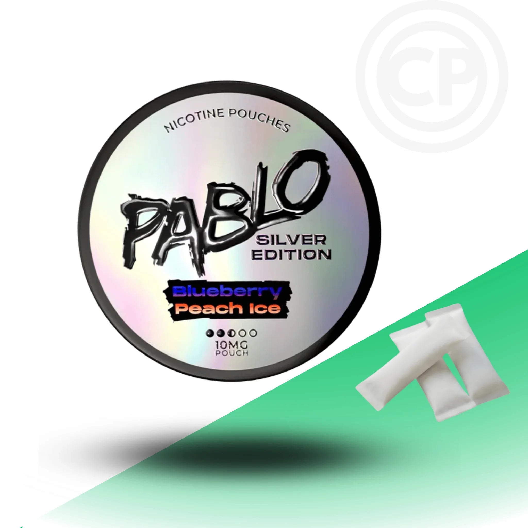 Pablo nicotine pouches container with blueberry peach ice flavor on a gradient background