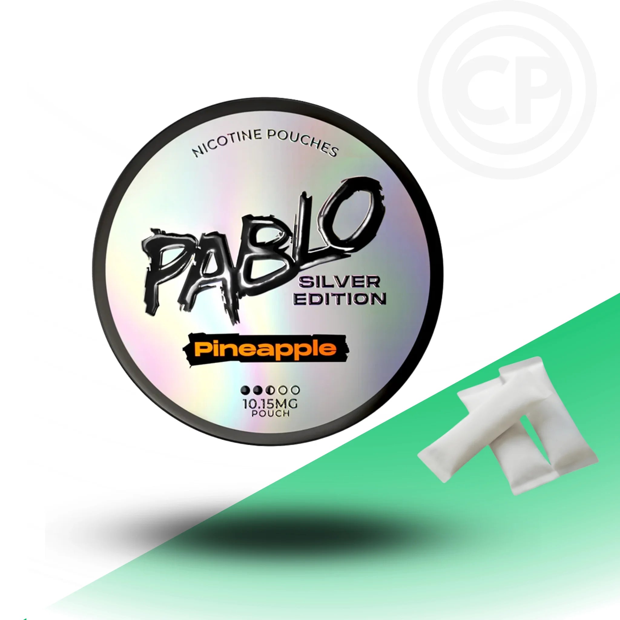 Pablo Nicotine Pouches Silver Edition Pineapple flavor container with pouches on a white and green background